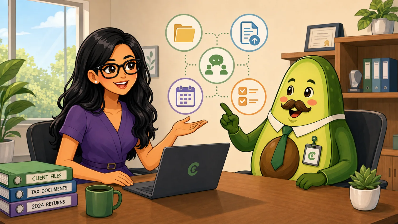 Tax professional using tax office management software to organize client files, documents, scheduling, and communication